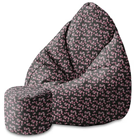 DreamRoots Bean Bag 80x80x120cm - Sitzsack mit Lehne und Hocker und Bezug - Sitzkissen Boden - Chill Bubibag - Sitzsack mit Füllung - Erwachsene mit Füllung M-Dunkle Blum2