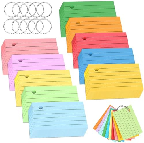 1000 Stücke Karteikarten A8, 10 Farben Flashcards Vokabelkarten Karteikarten Liniert Bunt Lernkarten Beschriftbar mit 10 Binderinge und 5 Trennblätter für Schulsachen Büro Zuhause Lernen Notizen