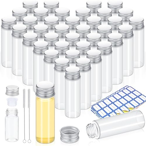 ZEEROQOLAB 40 piezas 20ml Tubo de Ensayo con Tapa Rosca de Aluminio, Frascos Transparentes para Muestras para Líquidos y Dulces, Incluye Cepillo de Limpieza y Etiquetas Autoadhesivas