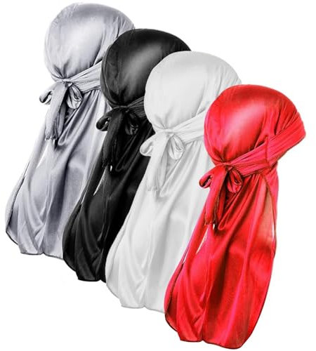 YMTWSRY Durag Silk Bonnet - Pañuelo de seda para hombres y mujeres, cola larga, ultrasuave y sin arrugas, correa ancha, turbante de satén para trenzas y rizos, Negro, Plata, Rojo, Blanco, Talla única
