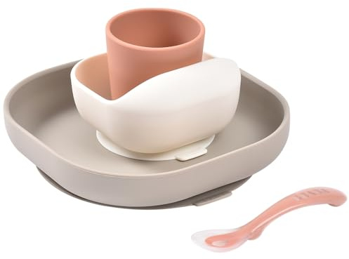 BEABA, Set de Comida para Bebé de Silicona, Con Ventosa, Antideslizante, 4 Piezas, Plato + Tazón + Vaso + Cuchara, Silicona Sana y Duradera, Apta para Lavavajillas y Microondas, Terracota