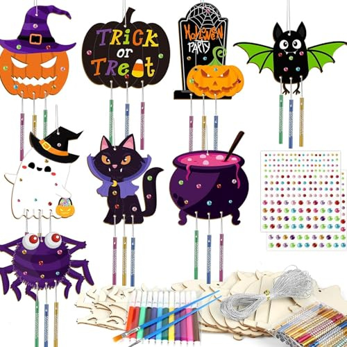 Dryxog 8 Pièces Carillon D'halloween Bricolage Artisanat Bois Peindre Décoration Suspendue DIY Activité Manuelle Spectre Cucurbitacée Chauve Souris Araignées Cadeau Halloween Créative Loisir Creatif