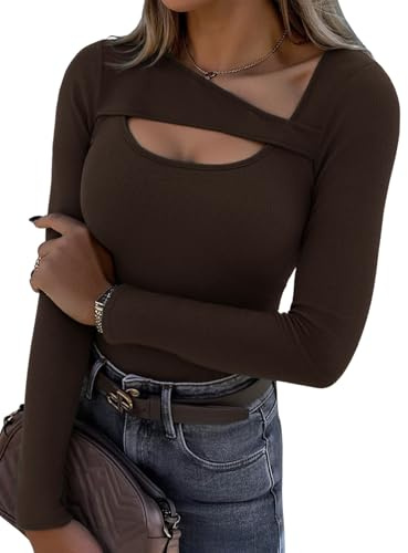 Aottori Maglia Donna Manica Lunga Scollo Asimmetrico Costine Slim Fit | Maglietta, Aderente, Basic Top, Elegante, T-Shirt, Elasticizzato, Tinta Unita, Casual