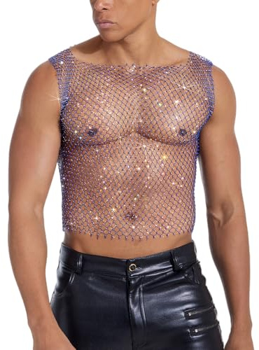 RuiChy Top de Red Corto para Hombres Chaleco Sexy con Lentejuelas Camisa Transparente sin Mangas Camiseta Manga Raglan con Corteo Ropa de Fiesta y Club para Festivales de Música y Raves(Azul/L)
