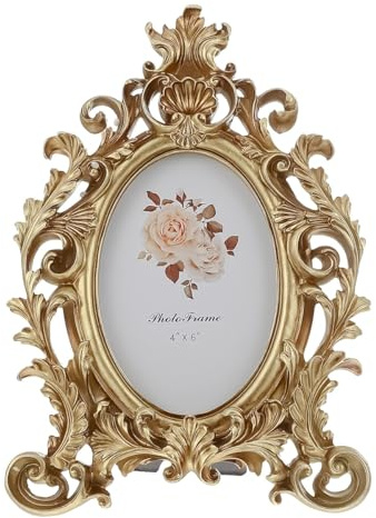 ACOLY Marco de fotos antiguo ovalado con flores doradas vintage, decoración de mesa para fotos de 6 pulgadas, adecuado para el hogar y la oficina.