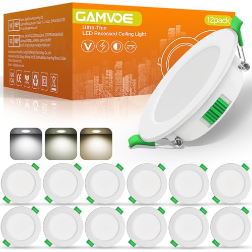Recessed Ceiling Lights Dimmable,GAMVOE Downlight for Ceiling 5W 3CCT LED Bathroom Spotlight 2700K/4000K/6000K Adjustable IP44 Ultra Slim Downlights Cut Diameter66-87mm for Kitchen,Living Room(12Pack)