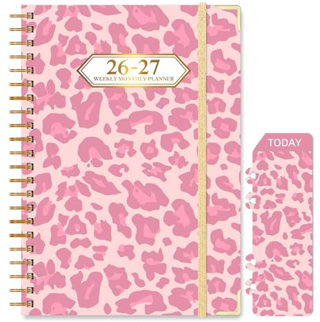 Knagsfa 2026-2027 Planner, Jul.2026-Jun.2027 Planner Weekly and Monthly 6.25x8.5 with Page Tabs, Calendar Hardcover with Inner Pocket, Elastic Band, Twin-Wire Binding, Bookmark, Pink Leopard
