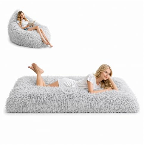 Large Grey Bean Bag Chair Bed No-Fill Lined Soft and Comfortable Single-person Square Bean Bag Chair for Floor Sleeping, Guest Bed, Room, Dorm - Machine Washable Faux Fur Comfy Bean Bag Cover (Grey)