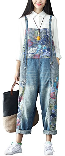 Yeokou Women's Loose Baggy Denim Wide Leg Jumpsuit Rompers Overalls Harem Pants (One Size US S-L, Style 67 Flower)