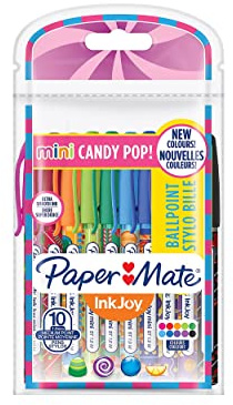 Paper Mate InkJoy Mini Kulspetspennor med tryckknapp | Mediumspets (1,0 mm) | Godisdesign | 10 stycken