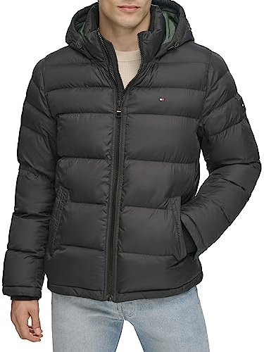 Tommy Hilfiger Men's Down Alternative Hooded Puffer Jacket (Standard and Big & Tall) Coat, Deep Black, XS
