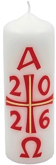 Osterkerze 150 x 50 mm mit Jahreszahl 2026, Kreuz, Alpha-Omega