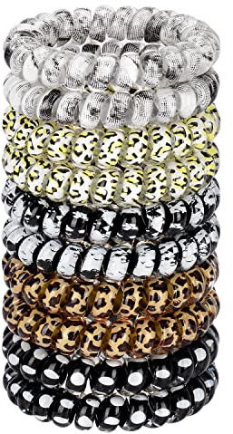 JessLab Spiral Hair Ties, 10 Pcs No-Damage Elastic Bands, Bobbles for Women | Leopard Print, Small Clear Coils for Thick or Fine Ponytails, Kids and Girls, Water-Resistant for Swimming, Gym, School