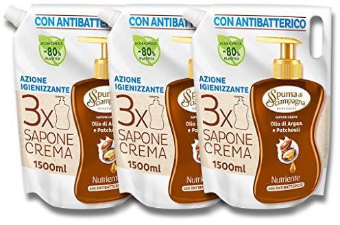3 PZ Spuma Di Sciampagna Ecoricarica Sapone Liquido Mani Olio di Argan e Patchouli - 3,9 LT