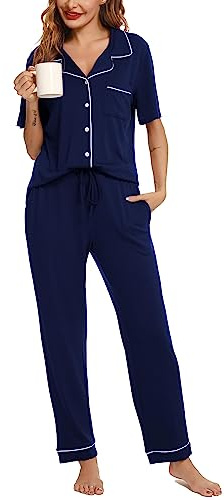 Lovasy Pigiama Donna Estivo Set Cotone Camicia con Bottoni Comodo Pantaloni Lunghi Manica Corta Aperto Davanti Lungo,Grigio Scuro,XL
