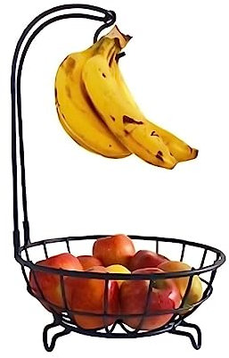 Reldor Metal Fruit Basket Holder with Banana Hanger Hook Kitchen Countertop Fruit Vegetables Rack Bowl Metal Storage Holder for Storing & Organizing Fruit Vegetables Eggs Breads Fruit (BLACK)