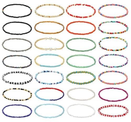 28 Pcs Boho Anklet Set, Colorful Handmade Glass Beads Ankle Bracelet, Elastic Beaded Anklet, Foot Jewelry for Women Girls Ladies