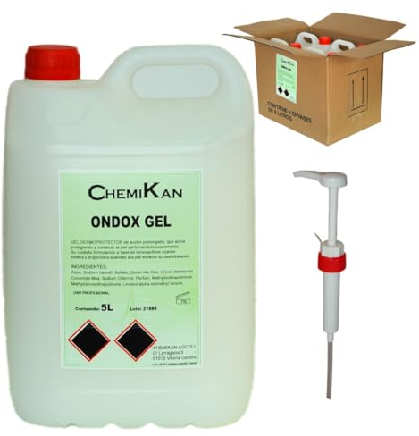 Ondox Gel | Jabón de manos 5 litros Industrial | Gel dermoprotector | Jabón para uso profesional, caja de 4 garrafas de 5l + Dosificador