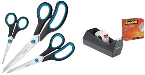 Westcott N-90027 00 Easy Grip Scheren Set, 3 Stück, 13,8cm + 20,1cm + 24,8 cm, schwarz-blau & Scotch C38 Tischabroller schwarz + Scotch Crystal Klebeband, 1 Rolle, 19 mm x 10 m