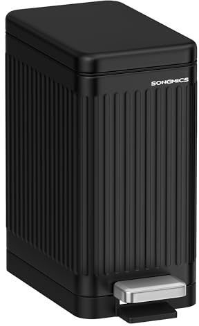 SONGMICS Soptunna för badrum, 2,6 gallon (10 L) papperskorg med lock, smal för små utrymmen, soptunna i rostfritt stål, mjuk stängning, bläcksvart ULTB562B01