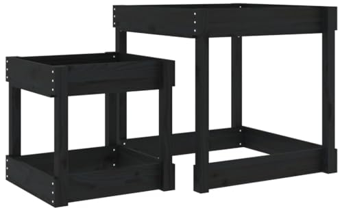 vidaXL Sand Spieltisch 2 STK., Kinderspieltisch mit Spielflächen für Außenbereich, Sandtisch Sandkastentisch Matschtisch, Schwarz Massivholz Kiefer