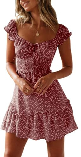 Imily Bela Abito estivo da donna con volant, abito da spiaggia, elegante mini abito, rosso mattone, M