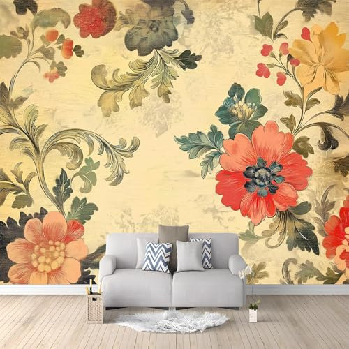 Murales 3D Flores Retro 200 x 140 cm Fotomurale Papel Pintado no Tejido, Papel Tapiz Fotográfico, Mural de Decoración de Pared para Salon, Dormitorio, Oficina