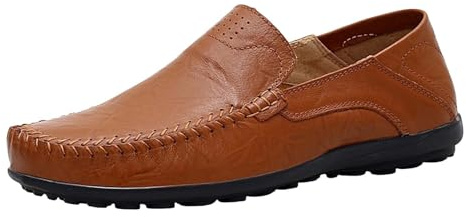 mockasiner tofflor män läder slip-on körning skor lätta mjuka loafers platta affärsskor stor storlek enfärgade fritidsskor läderskor halvskor bekväma promenadskor, BRUN, 40