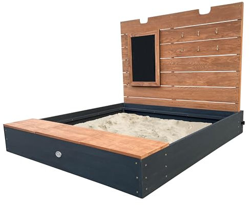 AXI Mandy XL Sandkasten aus FSC Holz mit Sitzbank, Stauraum, Deckel & Kreidetafel | Sand Kasten in Anthrazit & Braun inklusive Bodenplane | 130 x 120 x 98 cm