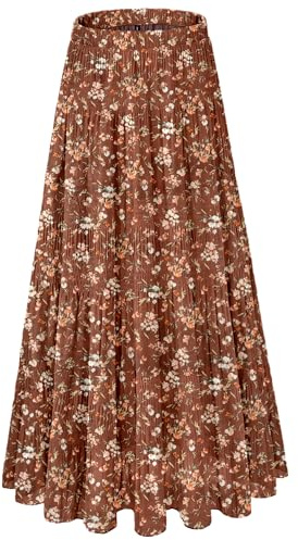 NiPaMi Women's Chiffon White Flowy Maxi Skirt Boho Fall Elastic Waisted Pleated A Line Long Skirts for Women 2025(Brown flowers-69,S)
