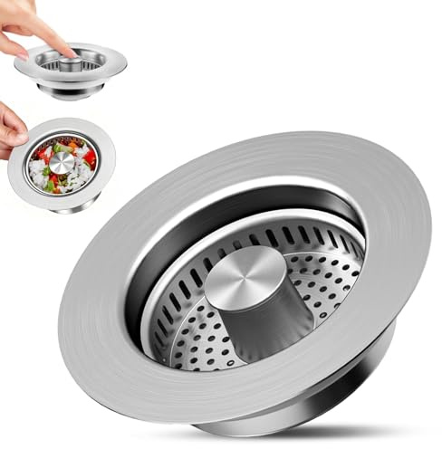 Pmueuff Tapon Fregadero Cocina, 3 en 1 de Acero Inoxidable Filtro Fregadero Cocina, Colador Desagüe con Filtro AntiOlores, Tapón Press Push para Filtro Desague Fregaderos 73-87mm