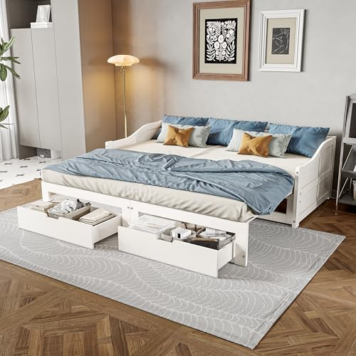 YGHQAP Cama de día extensible 90/180 x 200 cm, cama nido de la misma altura, madera maciza con 2 cajones, sofá cama de invitados, cama de día, cama infantil, cama doble con somier, sin colchón