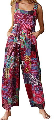 Springcmy Women's Loose Overall Dungarees Floral Jumpsuit Sleeveless Casual Baggy Playsuit Summer Wide Leg Long Pants Romper (A-Red, XL)