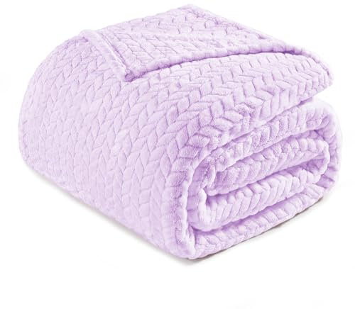 Exclusivo Mezcla King Size Flannel Fleece Blanket, 230x265 CM Soft Jacquard Weave Leaves Pattern Velvet Plush Bed Blanket, Lilac Purple Blanket
