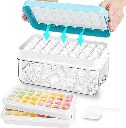 Ice Cube Tray with Lid and Bin, ZZWILLB 64 pcs Ice Trays for Freeze with 2 Trays, Ice Cube Pop Out Tray for Freezer, Ice Cube Molds, BPA Free, Easy Release Stackble Spill-Resistant (Blue)