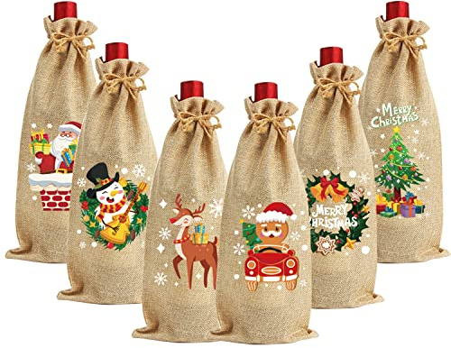 VEYLIN Burlap Wine Bags Decoration, 6 Pack Christmas Bottle Bags Hessian for Winter Holiday Party Supplies (Yellow)