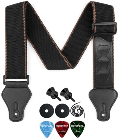 ROTOPATA Sangle de guitare avec porte-médiators, 2 boutons, 2 serrures, 3 médiators de guitare, sangle en coton avec extrémités en cuir, longueur réglable