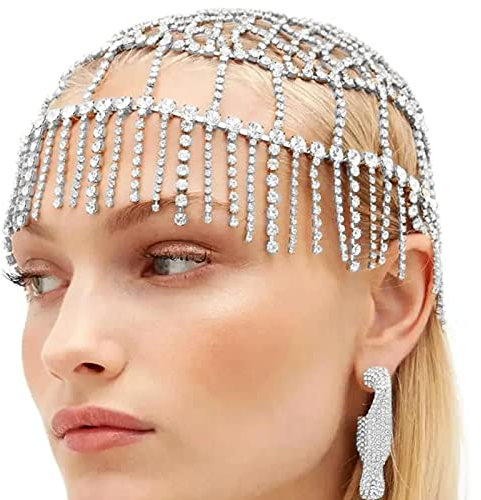 NICENEEDED Strass Quaste Kopfkette Silberkappe, Roaring 20s Crystal Flapper Cap Headpiece, Funkelnder Strass-Kopfschmuck Gatsby Haarschmuck Für Frauen Und Mädchen Halloween