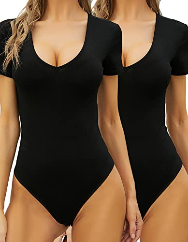 MANGDIUP Body à manches courtes et col en V pour femme, décontracté, extensible, basique (noir, taille M)