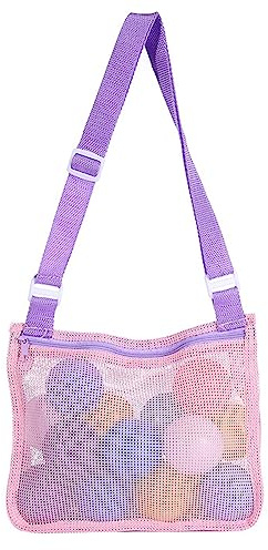 GLADFRESIT Mesh Beach Bag - Shell Net Tote for Seashell Collecting and Beach Accessories (Pink Purple Band)