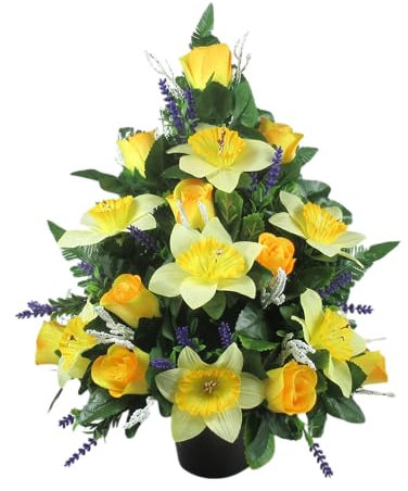 Tall flat back artificial flower arrangement with daffodils and yellow rosebuds in grave pot - forward facing grave arrangement - 38cm - long lasting floral headstone decoration
