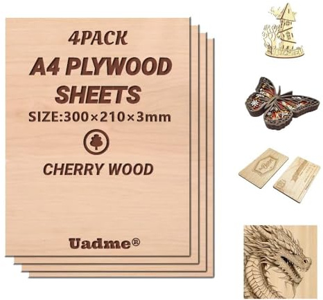 Uadme Compensato Incisione, Compensato di Ciliegio A4, 4 Pezzi 3mm Fogli di Legno Sottili, per Bricolage Pirografia Traforo Laser, 297 mm x 215 mm x 3 mm