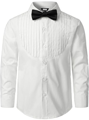 JOGAL Chemise à manches longues en coton uni pour garçon - Coupe droite - Pour enfants de 6 à 14 ans - Avec nœud papillon, Blanc., 7-8 ans