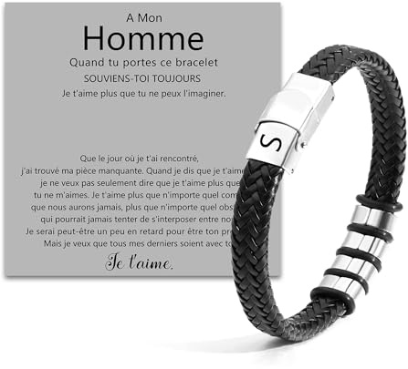 SAMINO Vävt armband med initial bokstav för män, svarta läderarmband med initial för män, födelsedag, jul, fars festgåvor till make, pojkvänssmycken för män