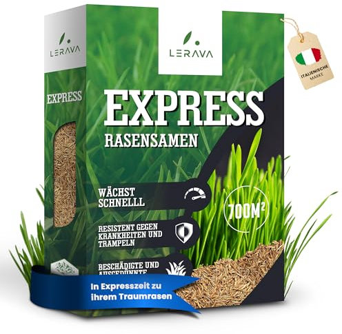 LERAVA® Gazon à Semer EXPRESS (720m²) - Graines de Gazon Rustique à Croissance Rapide et Résistante au Piétinement - Pelouse Densément Verte pour Jardin, Terrain et Espaces Extérieurs - 18 kg
