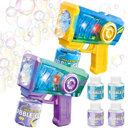 deAO 2Pcs Seifenblasenpistole Set Kinder, Automatische Seifenblasen Machine mit LED-Licht, 4 * 90ml Seifenblasenlösung, Sommerspielzeug Blasenmaschine Blasenspielzeug Geschenk für Kinder