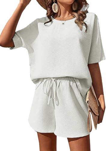 JFAN Completo Donna Estivo 2 Pezzi Maniche Corta con scollo rotondo e Pantaloncini Bermuda Vita Alta con Coulisse Elegante Tuta Casual Estiva Spiaggia,Bianco,S