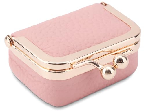 Genuine Leather Mini Jewelry Box, Mini Jewelry Travel Case, Small Portable Organizer Storage Pouch, Coin Purse with Kiss Lock for Ring Necklace Earrings Bracelet Perfect Gift for Women Girls (Pink)