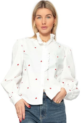SASSYCLASSY volangblus damer av bomull vit rosa svart eller med hjärta broderi röd – volangskjorta damer – skjortblus damer långärmad med volangkrage – blus damer elegant – storlekar XS S M L XL, Vit