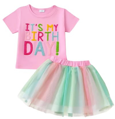 LUVCES Conjunto de Cumpleaños para Niña Pequeña, Camiseta con Bordado de Letras+ Colorida Tutú Falda de Tul Vestidos de Cumpleaños para Niñas 1-6 Años